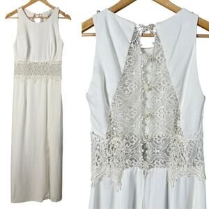 Vintage White Lace and Pearl Embellished Column Dress‎ Sleeveless Formal Gown, S